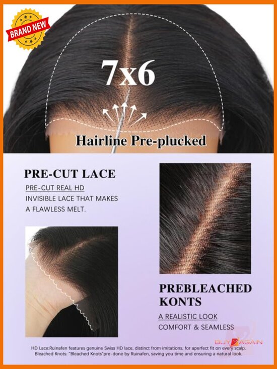 7x6 Lace Front Human Hair Wig Glueless 250% Density Body Wave 16 Inch main image 5